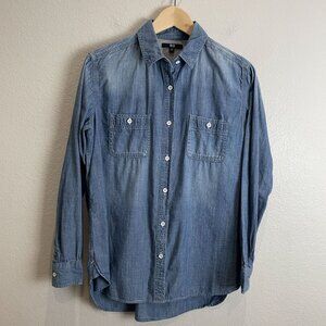 UNIQLO Womens Medium Chambray Button Up Shirt Long Sleeve Pocket Top